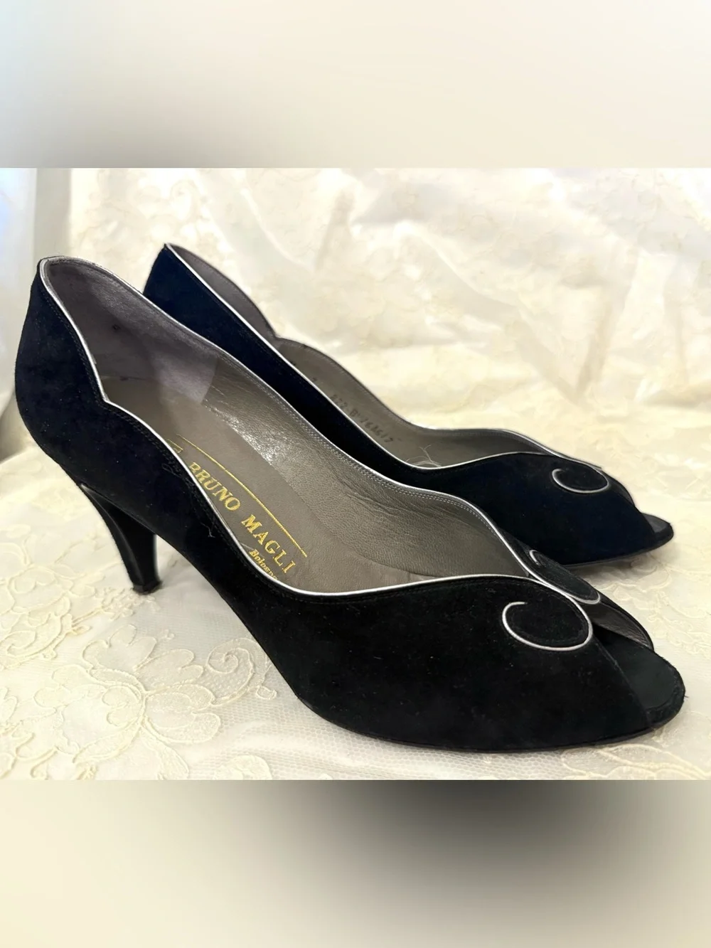 Bruno Magli Black Suede Peep-Toe Pumps with Silver Trim